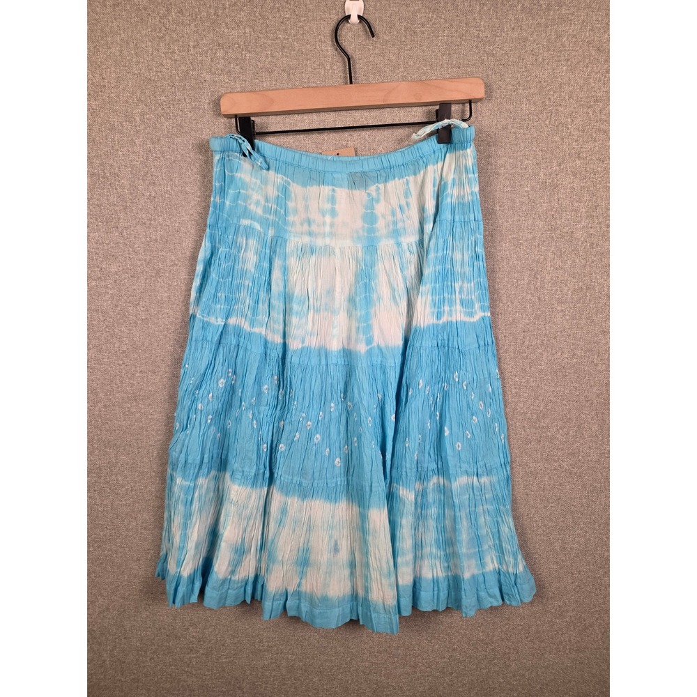 Bila Blue White Tie Dye Crinkle Cotton Midi Skirt Large Boho Recycled 565323